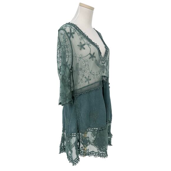 Bohemian Sage Green Embroidered Lace Tunic Top Deep V Neck Cottagecore Boho - Picture 2 of 5